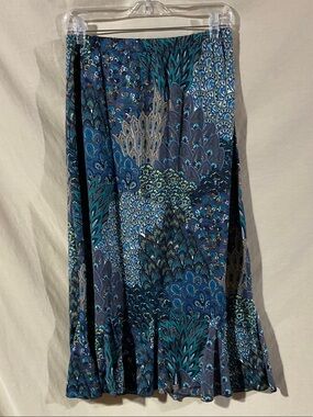 Miss Ashley Size XL Blue Printed Midi Skirt with Peacock-Inspired Pattern